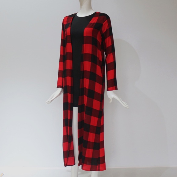 Red & Black Buffalo Plaid Long Sleeve Duster Cardigan - Picture 6 of 16